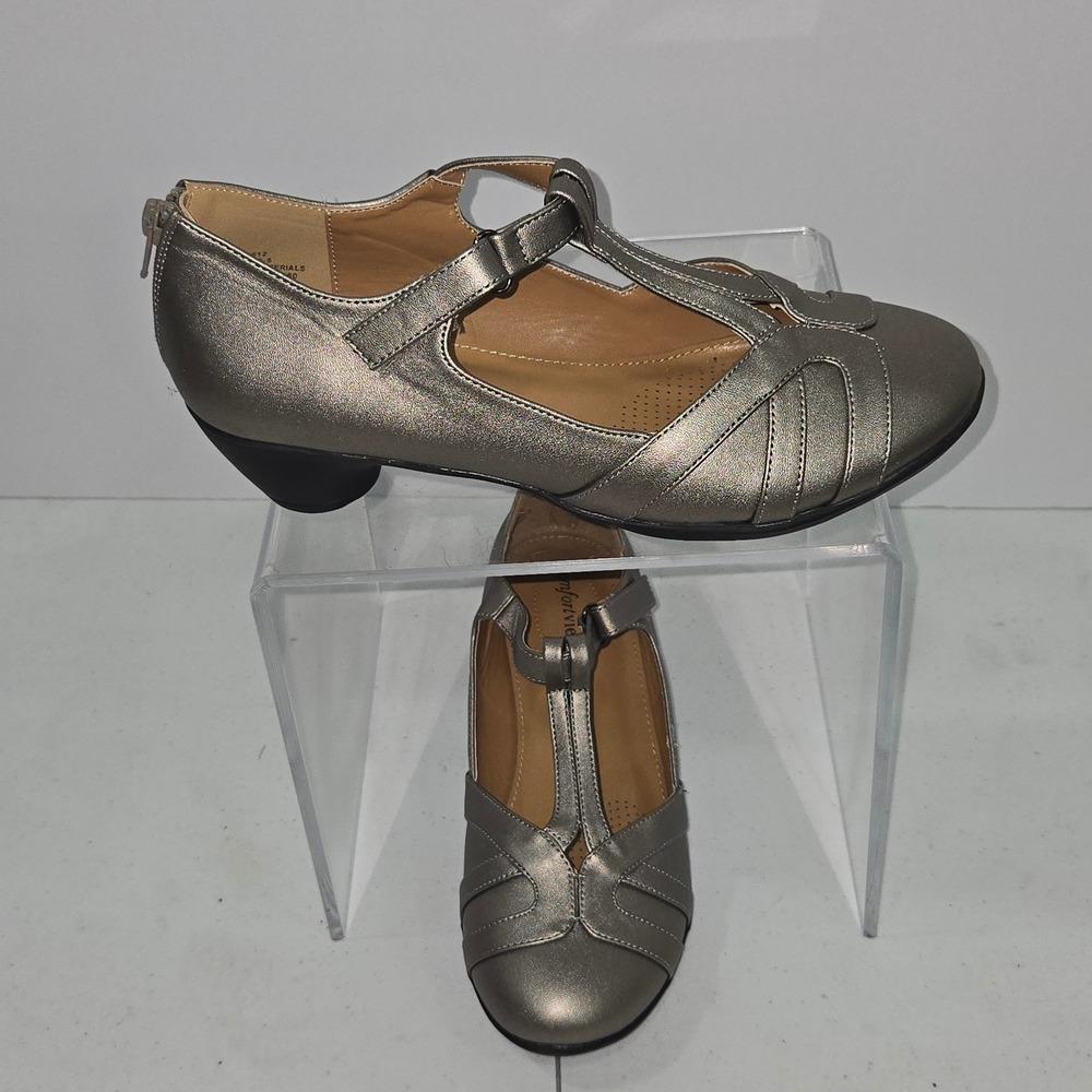 Comfortview Celine Pewter Metallic T-Strap Pumps Womens 9.5 W Shoes